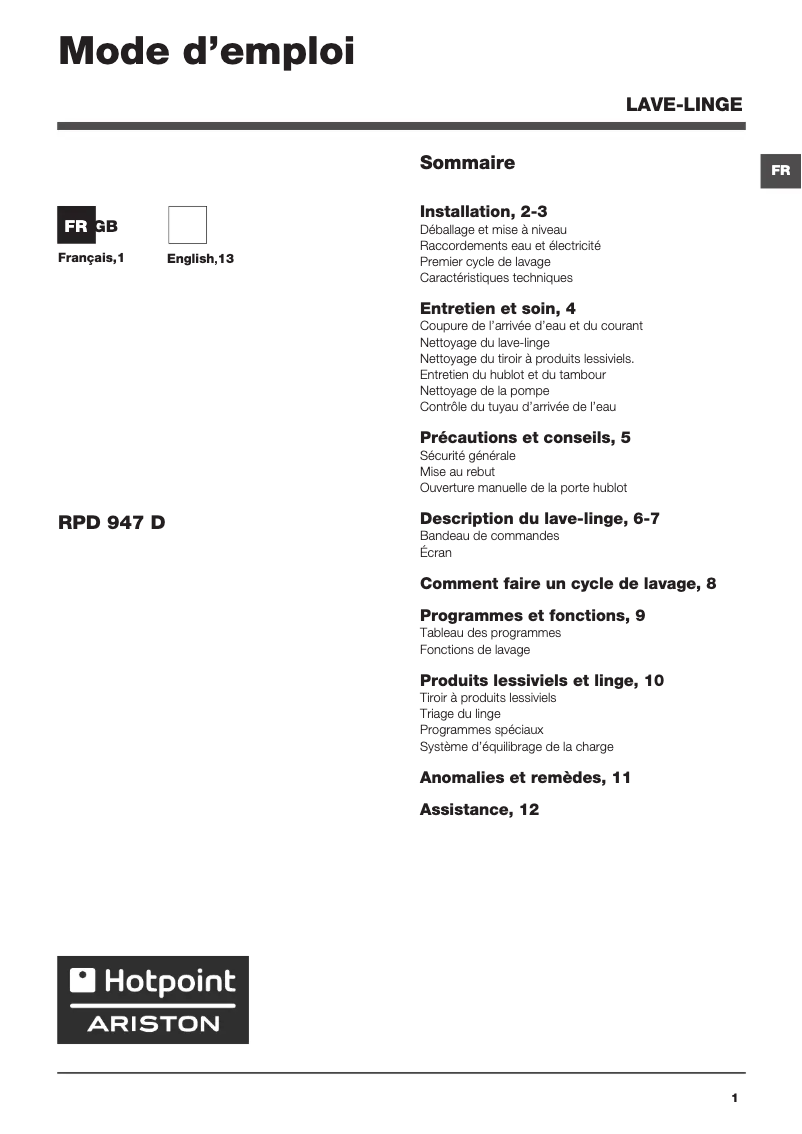 Page n°1 - Manuel utilisateur Hotpoint Ariston RPD 947 DD FR