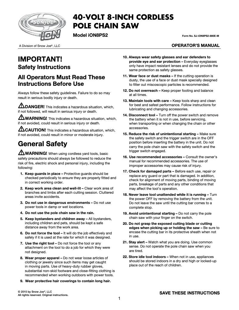 Page 1 de la notice Manuel utilisateur Sun Joe iON8PS2