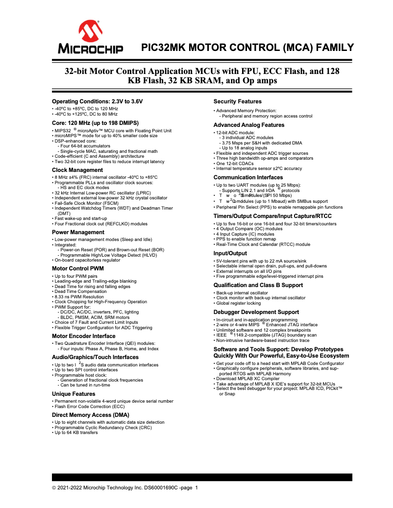 Page 1 de la notice Fiche technique Microchip PIC32MK0128MCA032