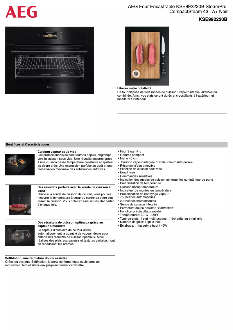Page 1 de la notice Fiche technique AEG KSE992220B