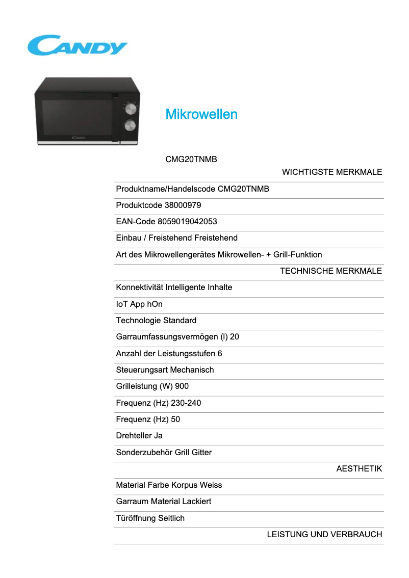Page 1 de la notice Fiche technique Candy CMG20TNMB