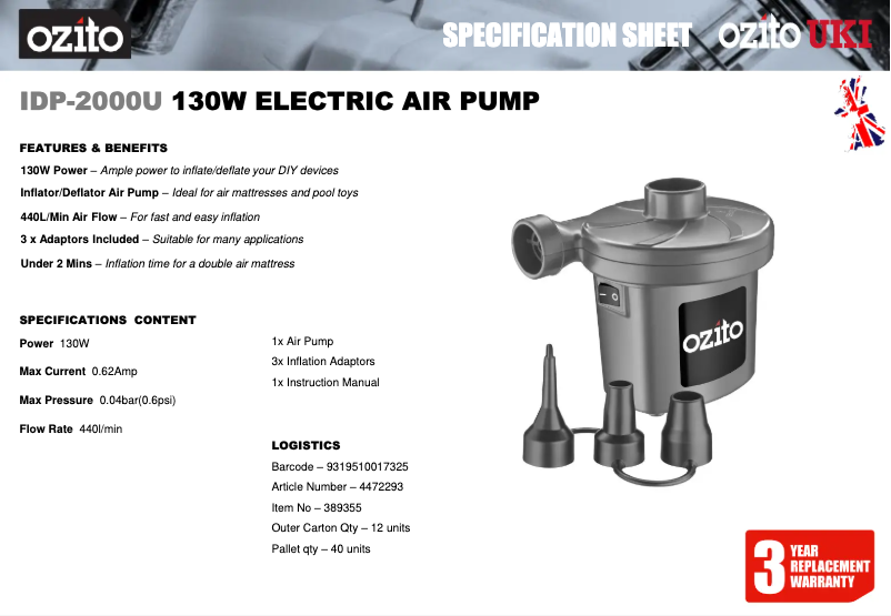 Página 1 del manual Ficha técnica Ozito IDP-2000U