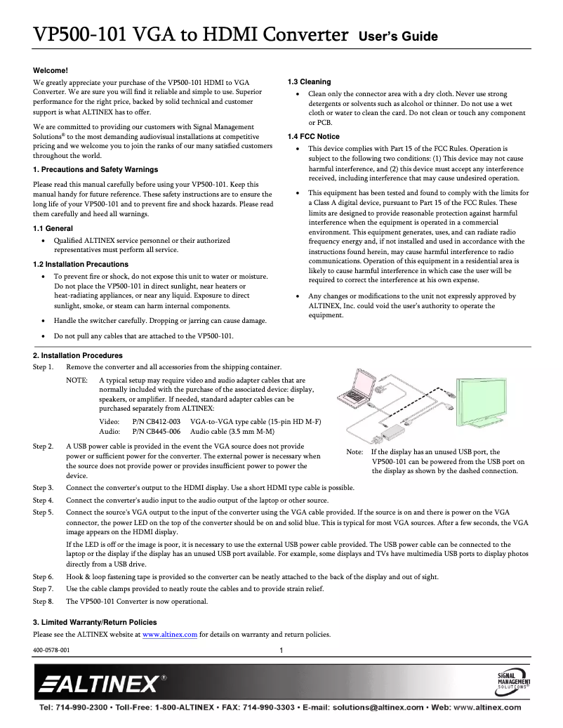 Page 1 de la notice Manuel utilisateur Altinex VP500-101