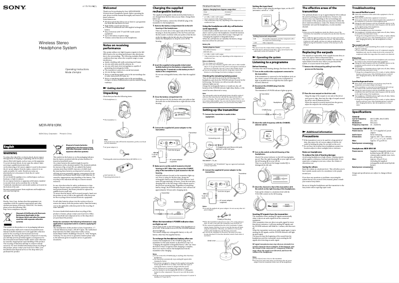 Page 1 de la notice Manuel utilisateur Sony MDR-RF810RK