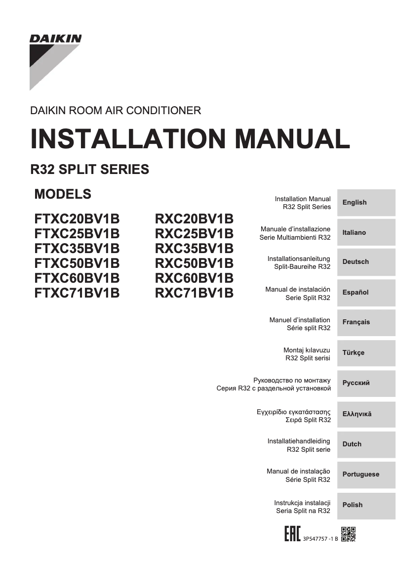 Page 1 de la notice Manuel utilisateur Daikin RXC20BV1B