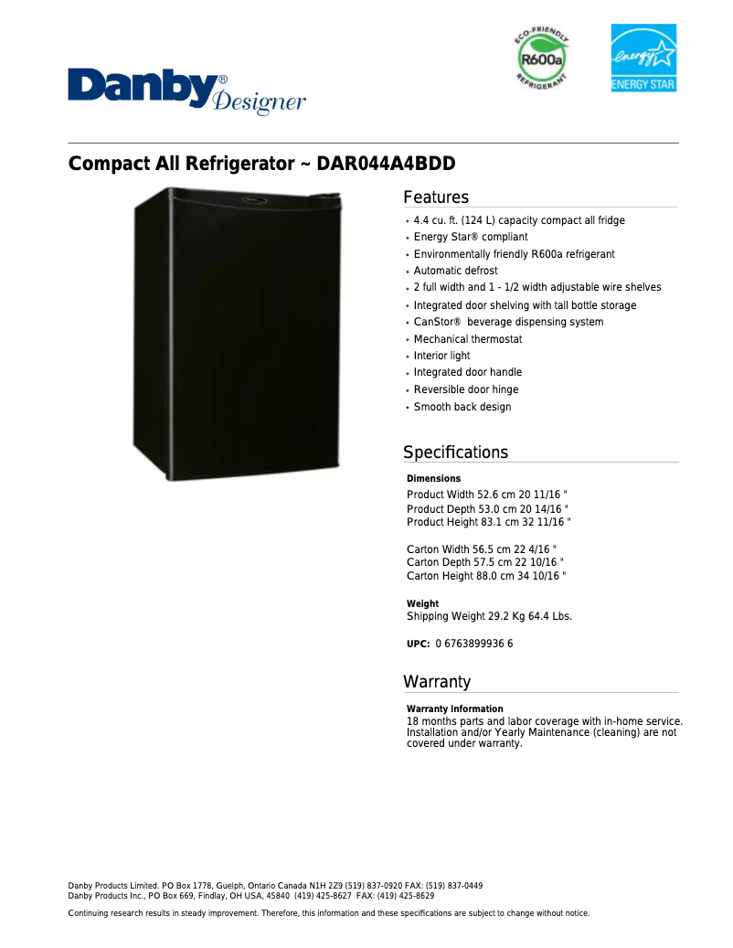 Página 1 del manual Ficha técnica Danby DAR044A4BDD