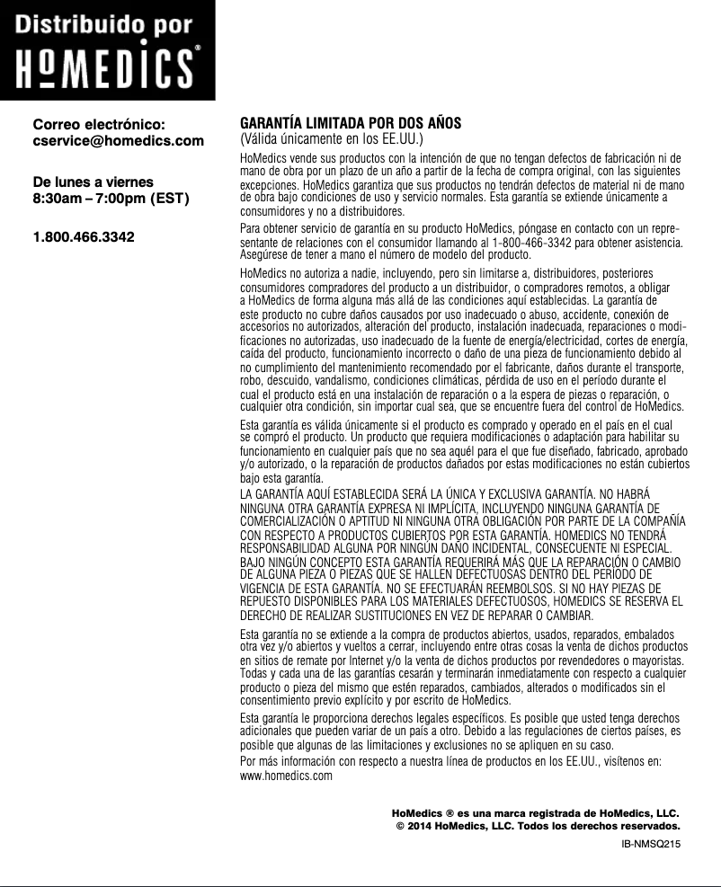 Page 1 de la notice Manuel utilisateur Homedics NMSQ-215A