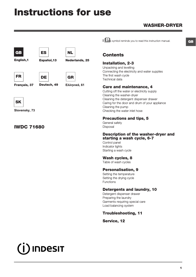 Page n°1 - Manuel utilisateur Indesit IWDC 71680 ECO