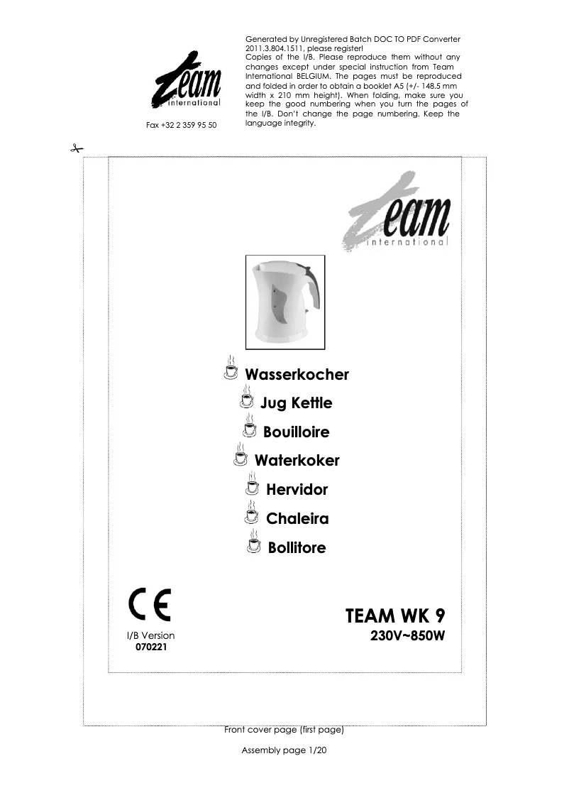 Image de la première page du manuel de l'appareil WK 9