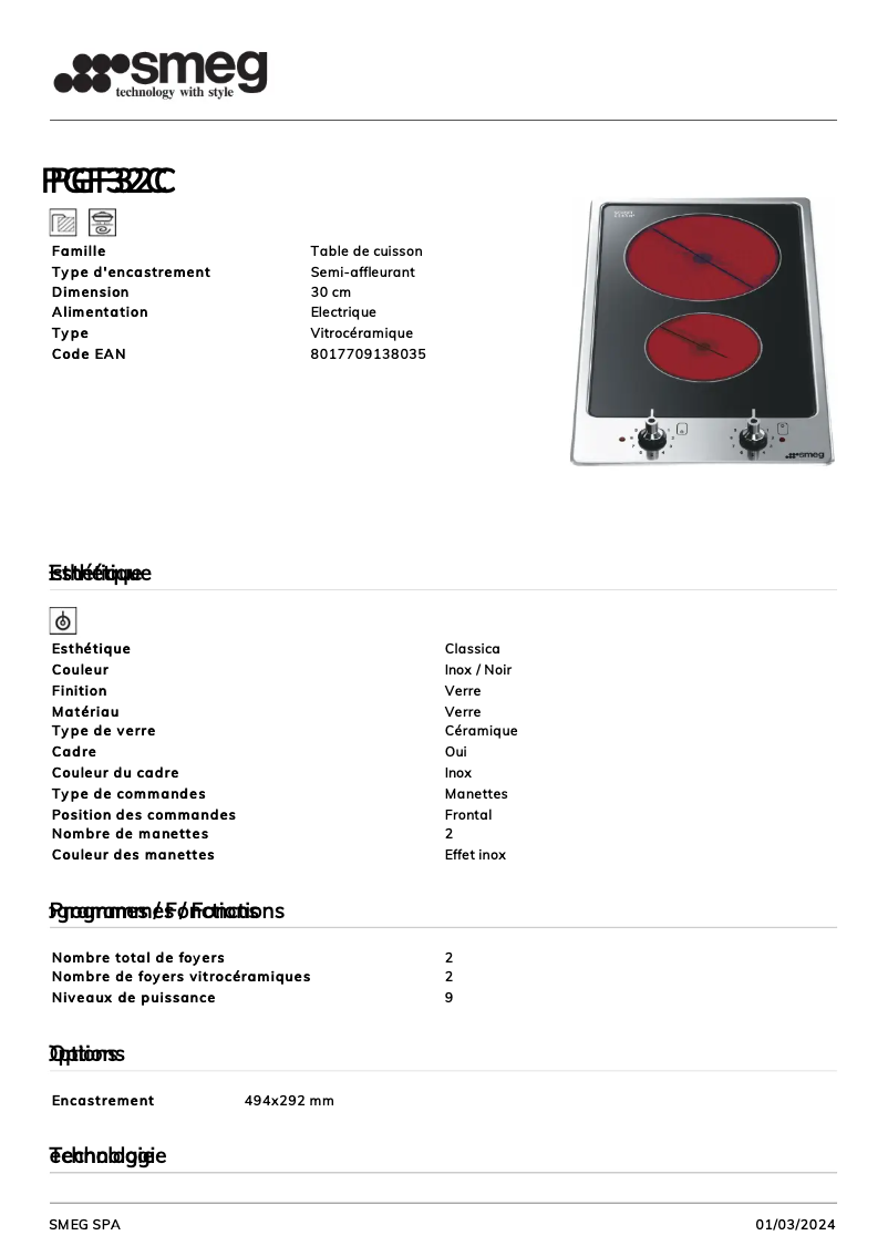 Page n°1 - Fiche technique Smeg PGF32C