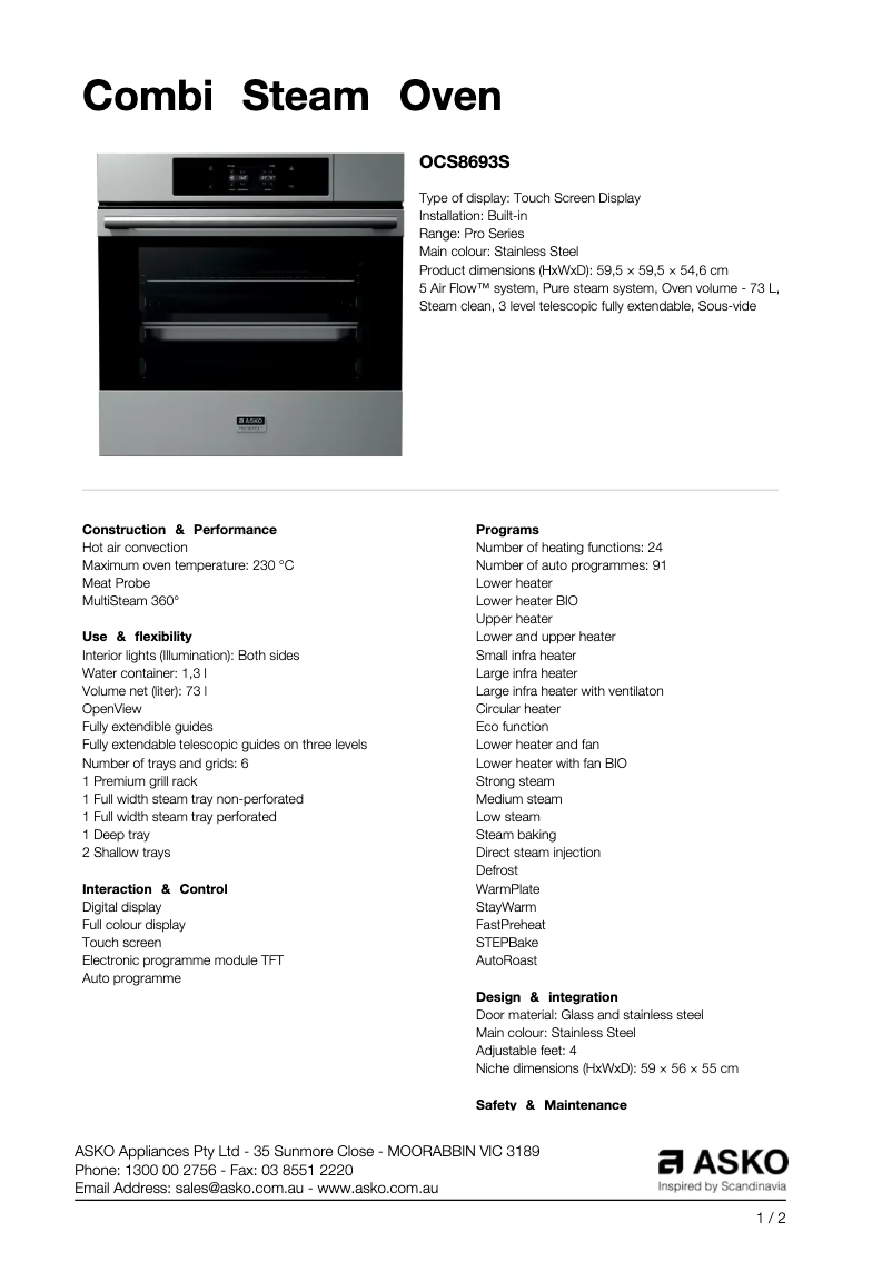 Page 1 de la notice Fiche technique Asko OCS8693S