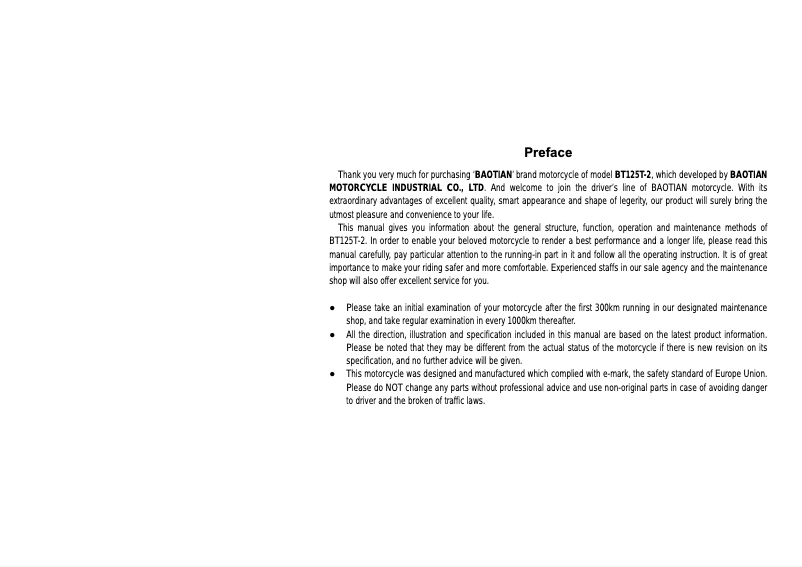 Page n°1 - Manuel utilisateur Baotian BT125T-2