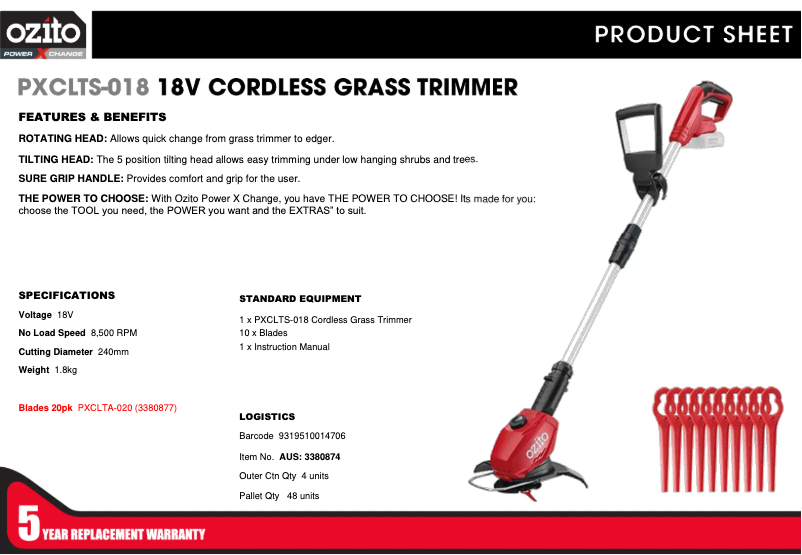 Page 1 de la notice Fiche technique Ozito PXCLTS-018