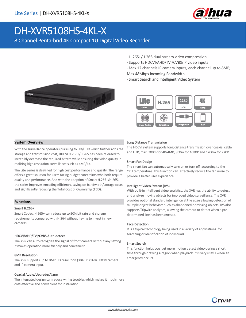 Page 1 de la notice Fiche technique Dahua Technology XVR5108HS-4KL-X