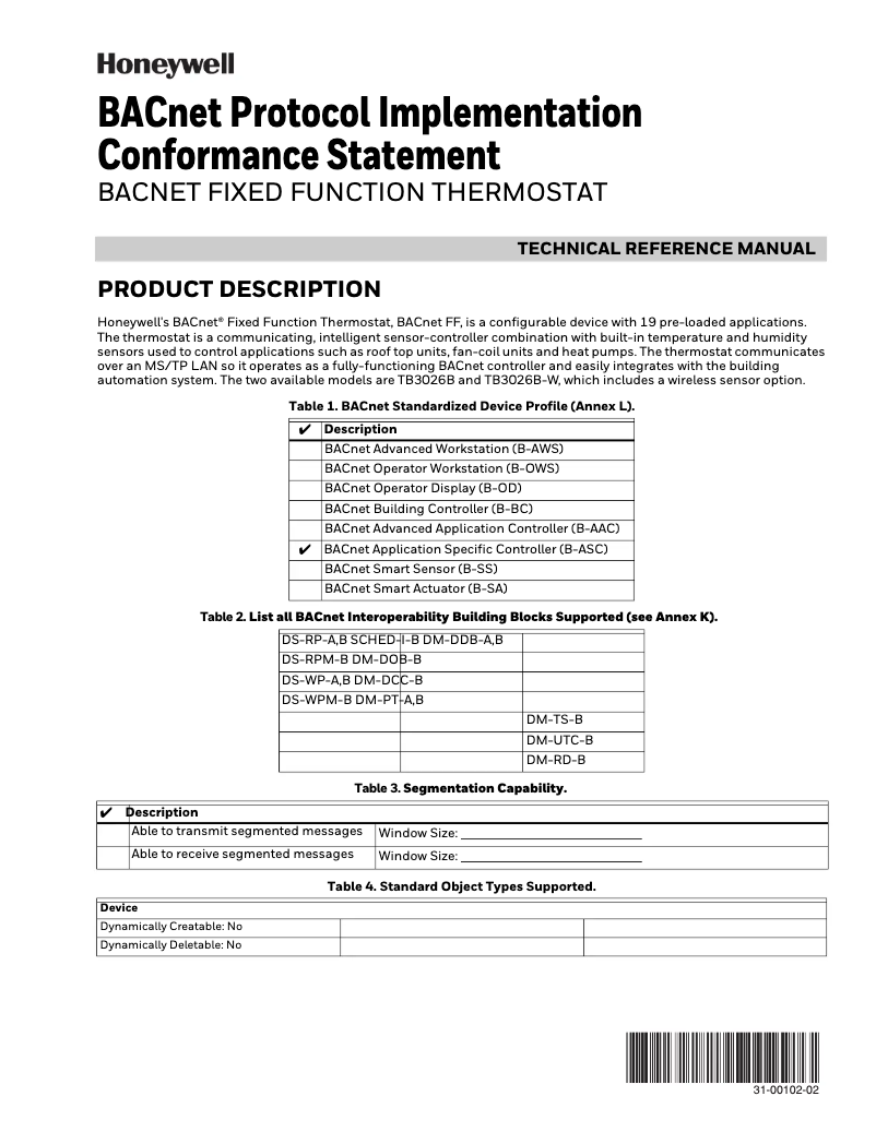 Page 1 de la notice Manuel utilisateur Honeywell BACnet TB3026B