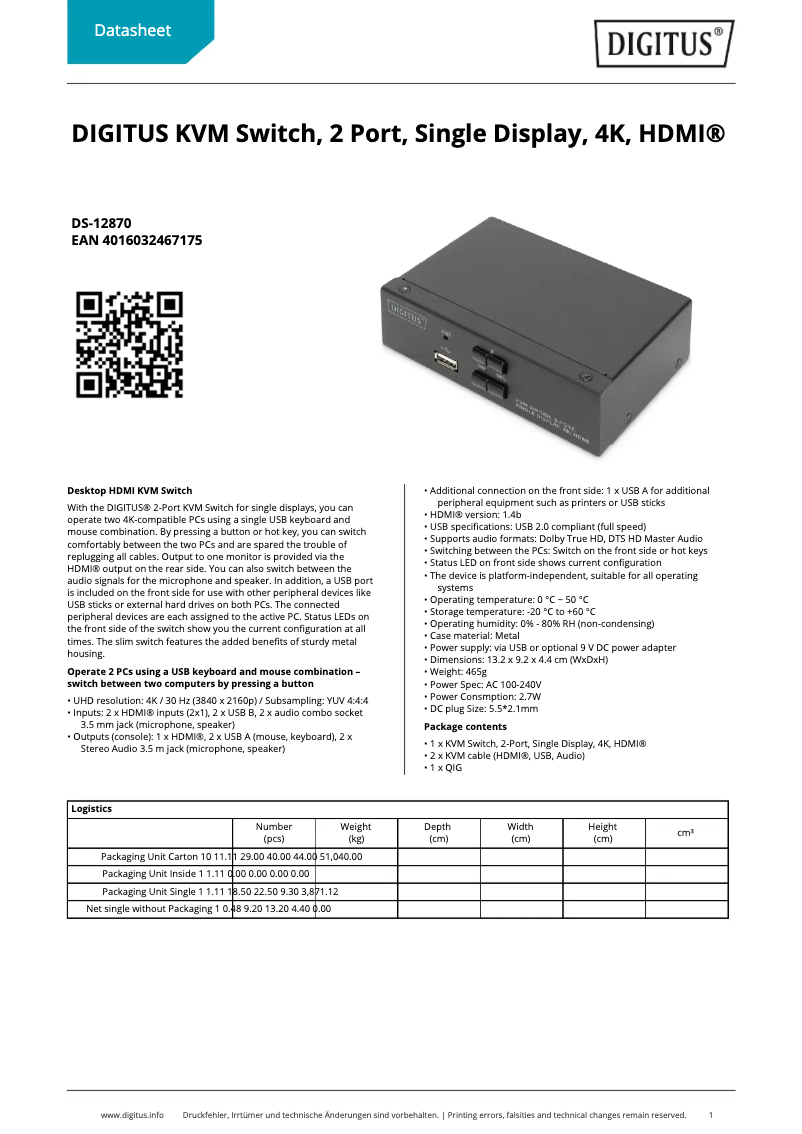 Page 1 de la notice Fiche technique Digitus DS-12870