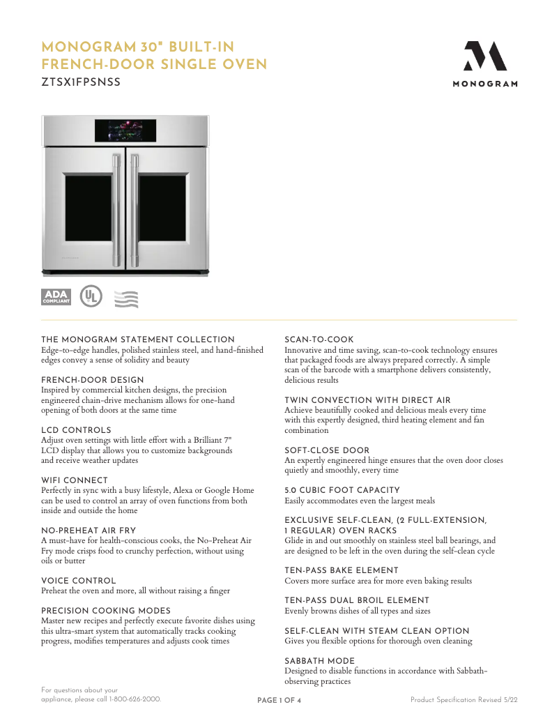 Page 1 de la notice Fiche technique Monogram ZTSX1FPSNSS