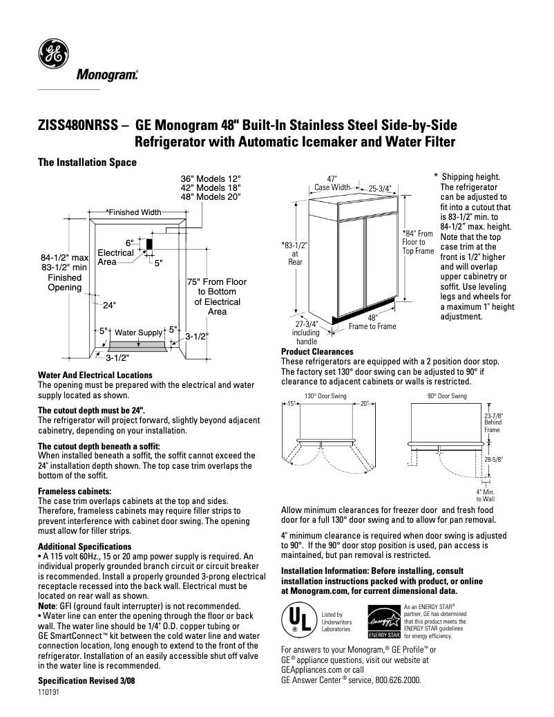Page n°1 - Fiche technique GE ZISS480NRSS