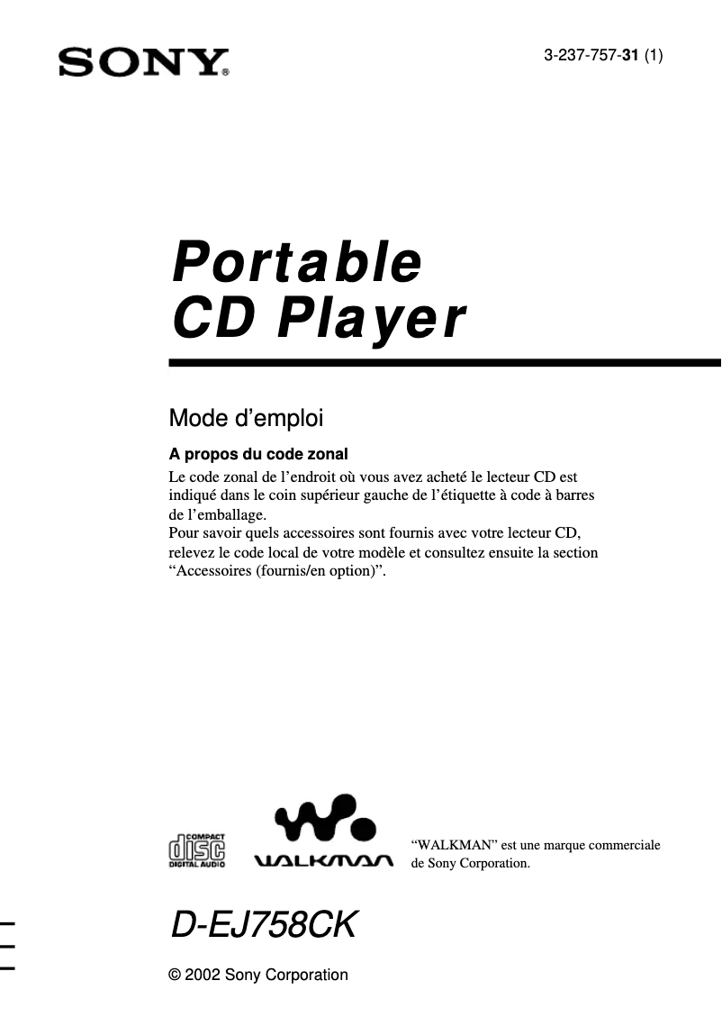 Page n°1 - Manuel utilisateur Sony Discman D-EJ758CK