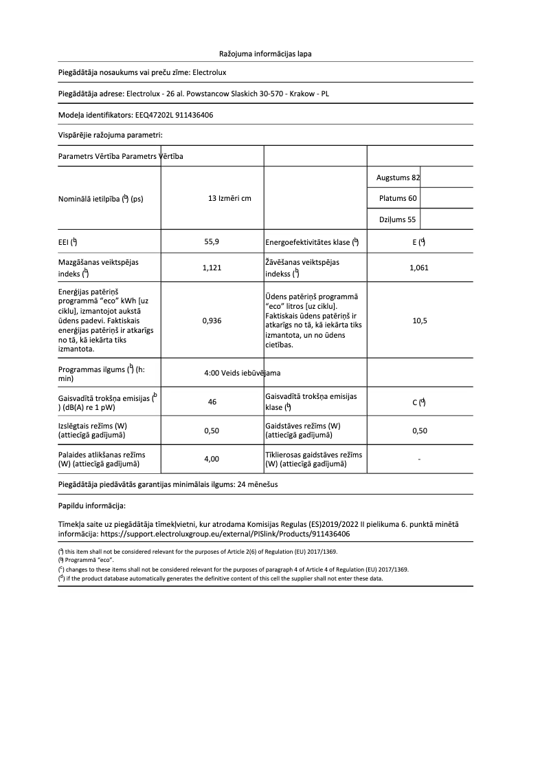 Page n°1 - Fiche technique Electrolux EEQ47202L
