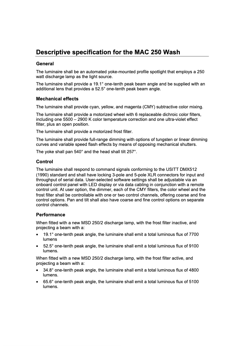 Page 1 de la notice Fiche technique Martin MAC 250 Wash