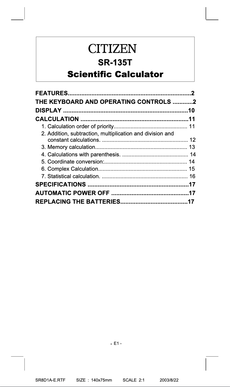 Image de la première page du manuel de l'appareil SR-135T
