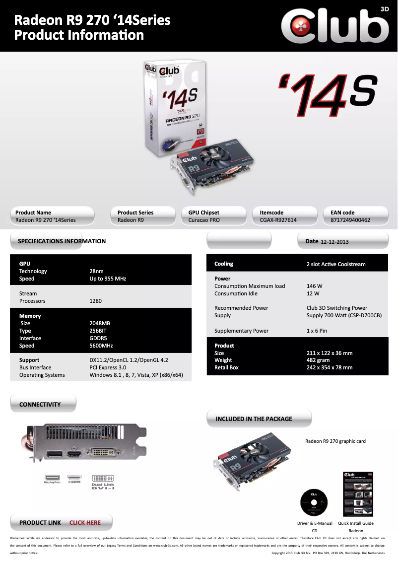 Page 1 de la notice Manuel utilisateur CLUB3D Radeon R9 270 '14 Series