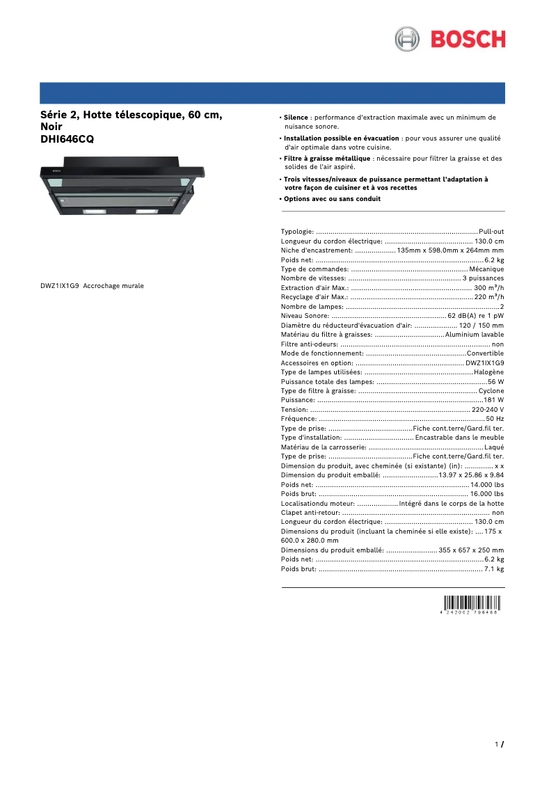 Page 1 de la notice Fiche technique Bosch DHI646CQ