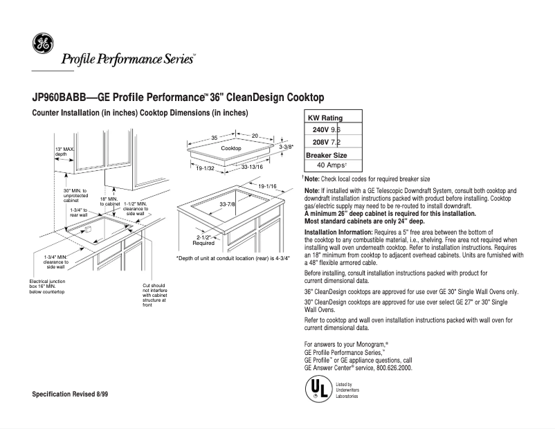 Page 1 de la notice Fiche technique GE Profile Performance JP960BABB