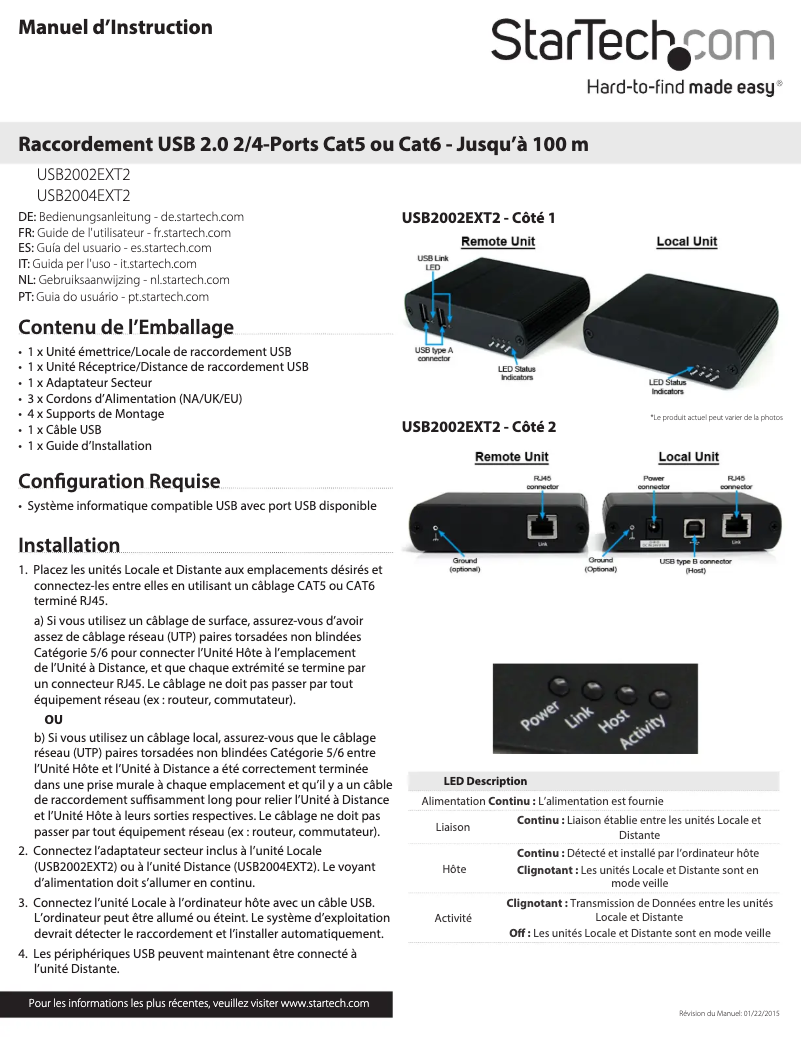 Page 1 de la notice Manuel utilisateur StarTech.com USB2002EXT2