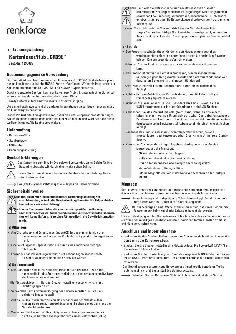 Page 1 de la notice Manuel utilisateur Renkforce CR09E