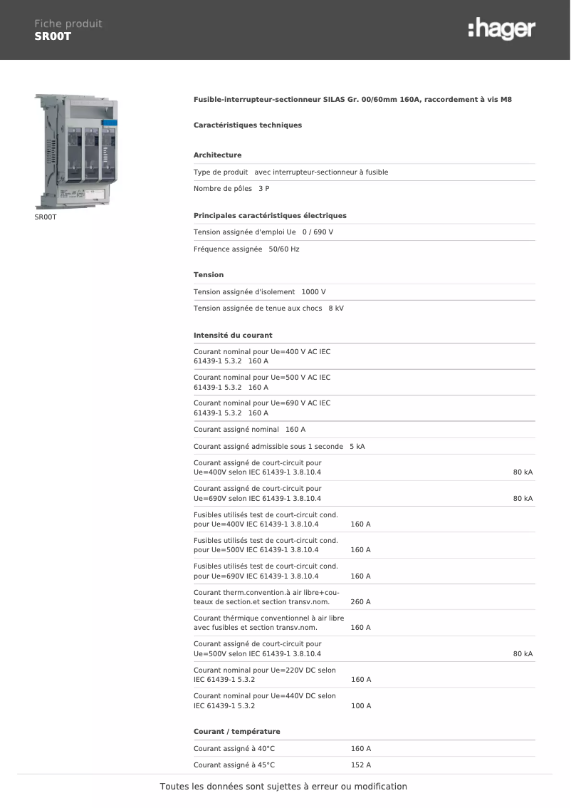 Page 1 de la notice Fiche technique Hager SR00T