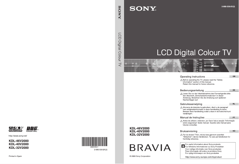 Image de la première page du manuel de l'appareil Bravia KDL-40V2000