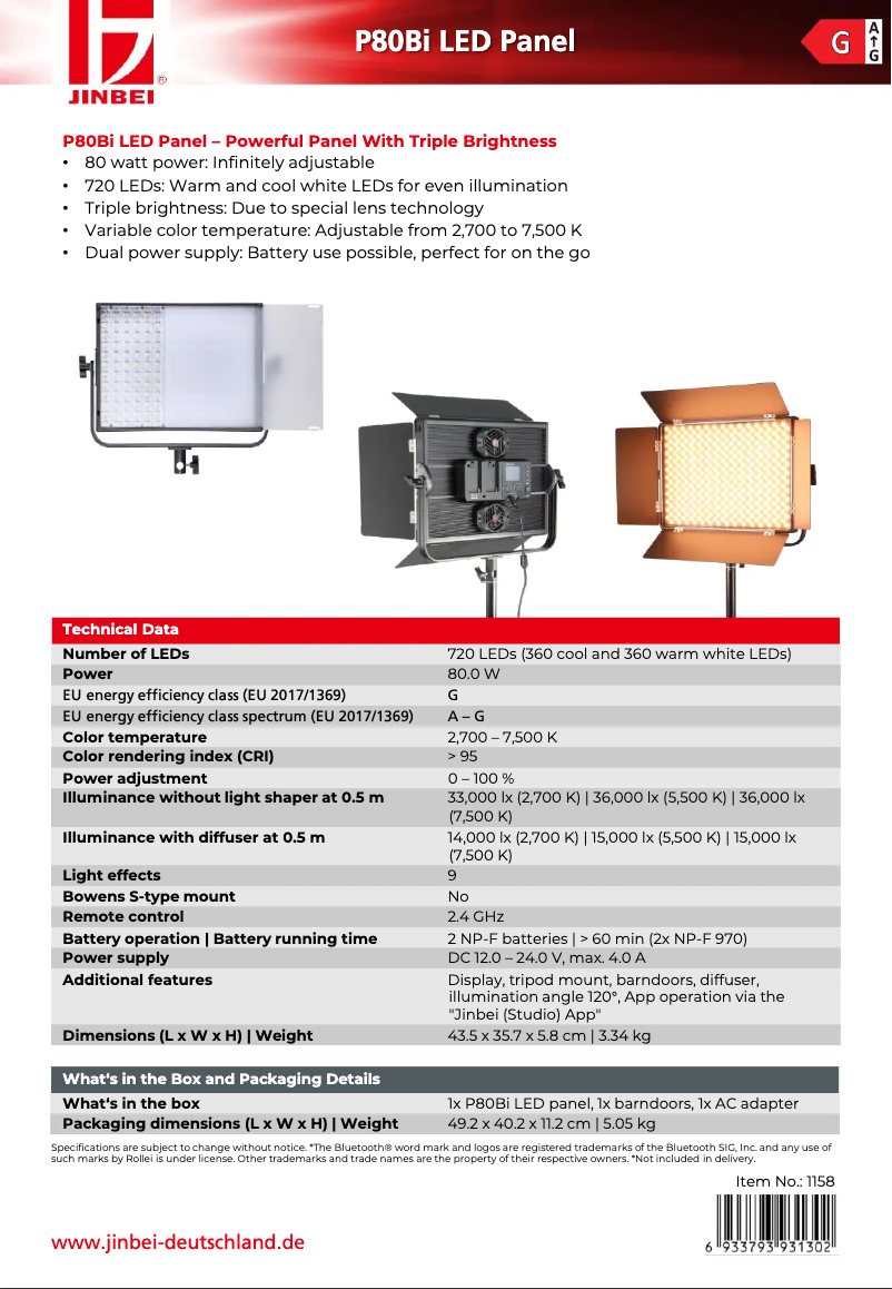 Page 1 de la notice Manuel utilisateur Jinbei P80Bi LED