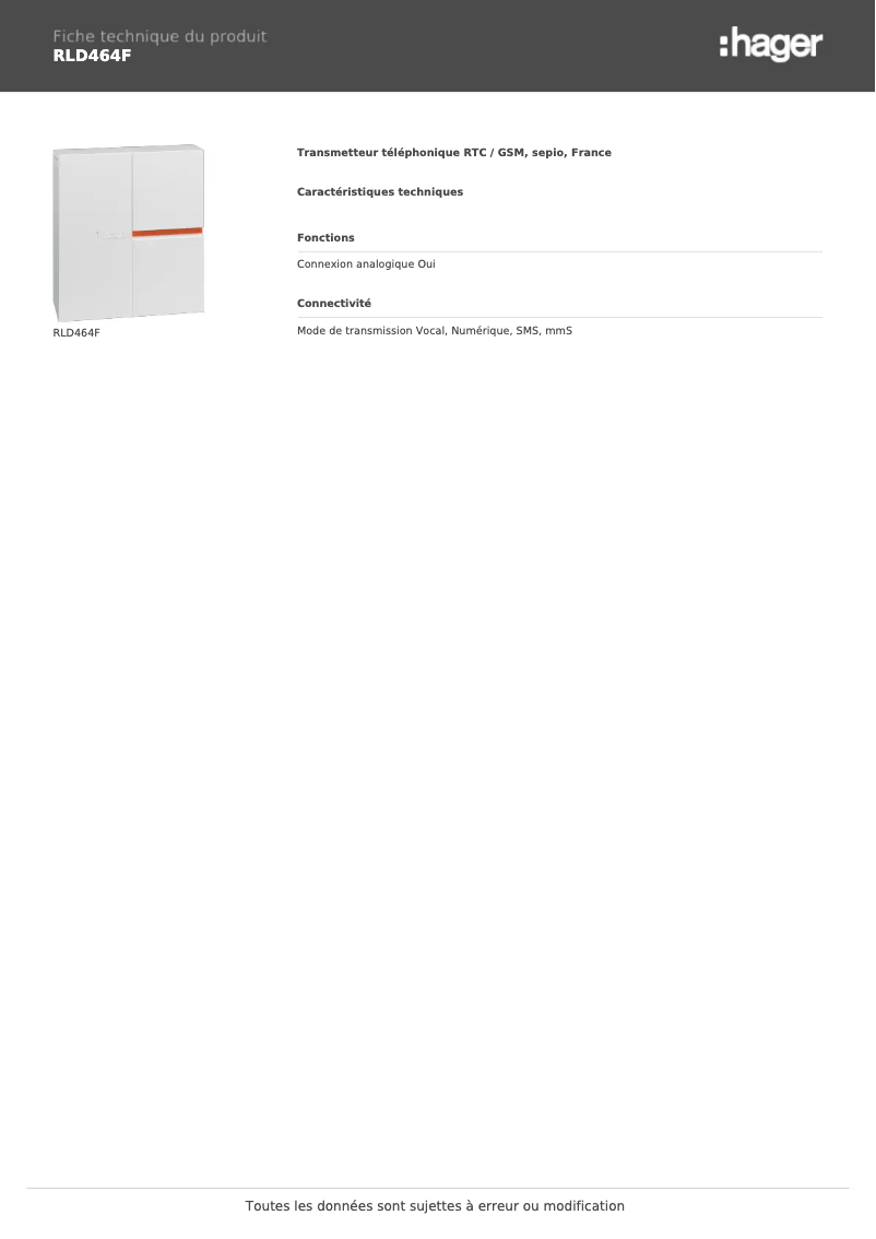 Page 1 de la notice Fiche technique Hager RLD464F