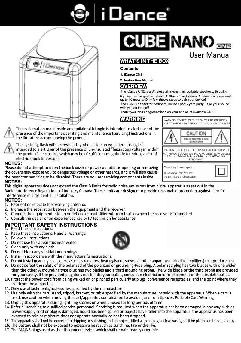 Page 1 de la notice Manuel utilisateur iDance Cube Nano