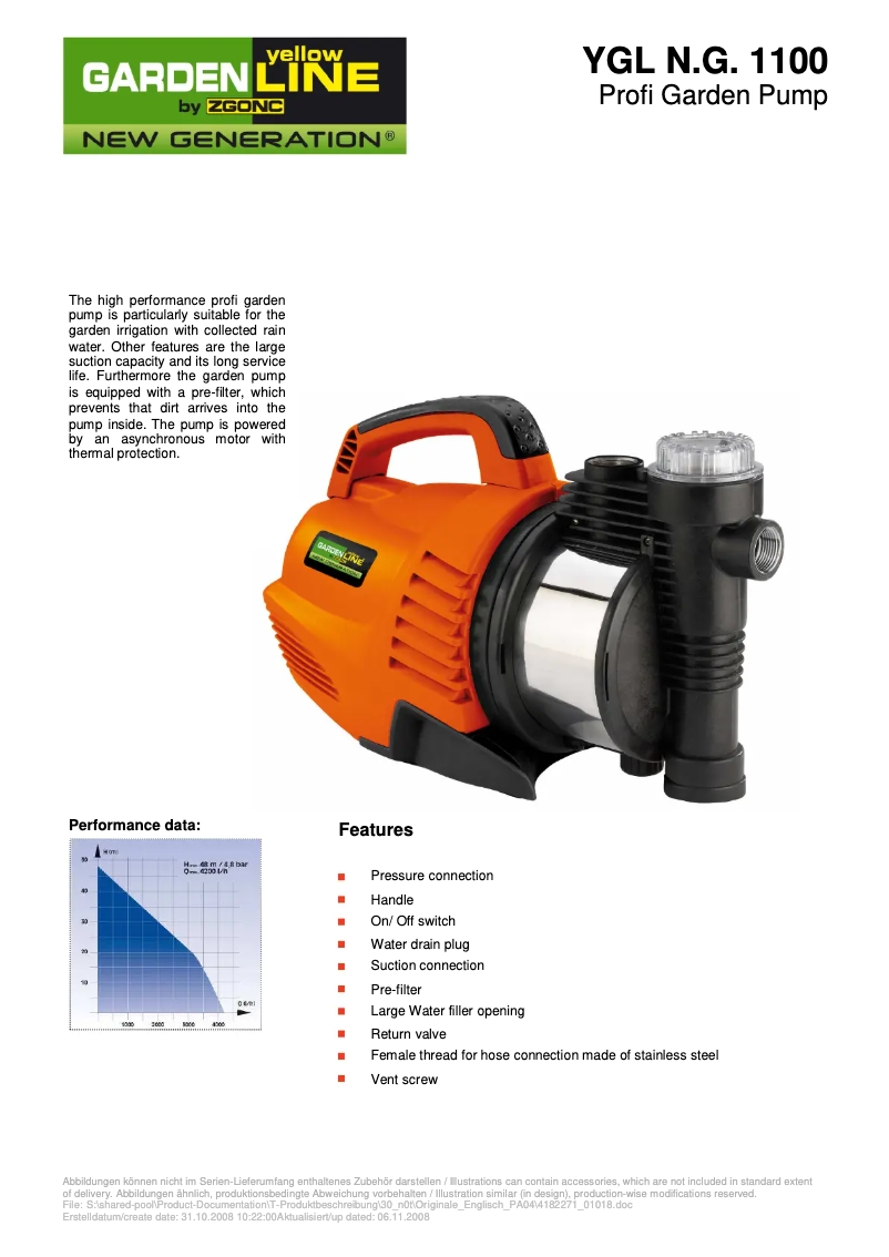 Page 1 de la notice Manuel utilisateur Yellow Garden Line YGL N.G. 1100