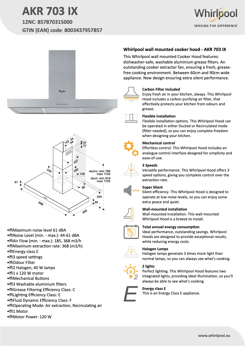 Page n°1 - Fiche technique Whirlpool AKR 703 IX