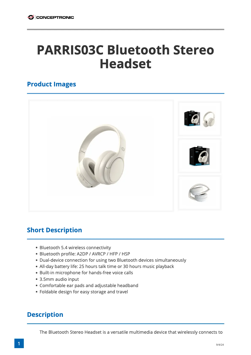 Page 1 de la notice Fiche technique Conceptronic PARRIS03C
