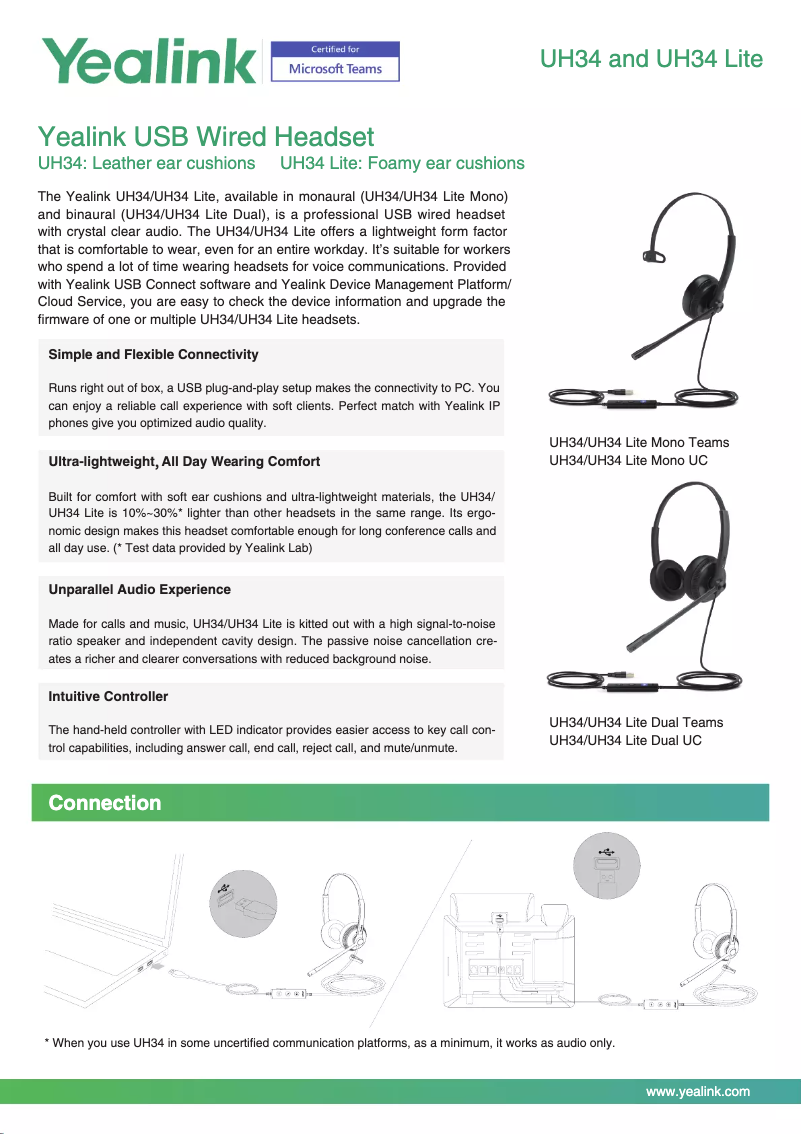 Page 1 de la notice Fiche technique Yealink UH34 Lite
