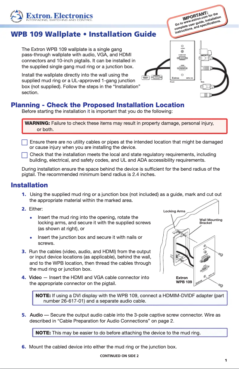 Page 1 de la notice Manuel utilisateur Extron WPB 109