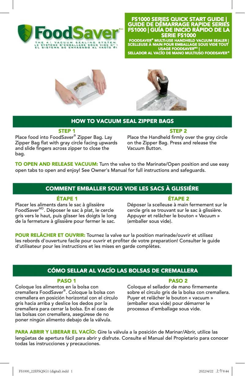 Página 1 del manual Guía de inicio rápido FoodSaver V1100