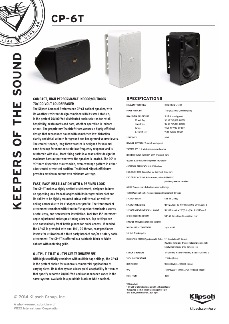Page 1 de la notice Fiche technique Klipsch CP-4T