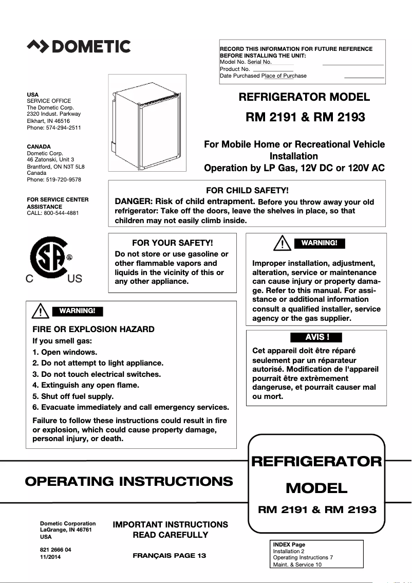 Page 1 de la notice Manuel utilisateur Dometic RM 2193