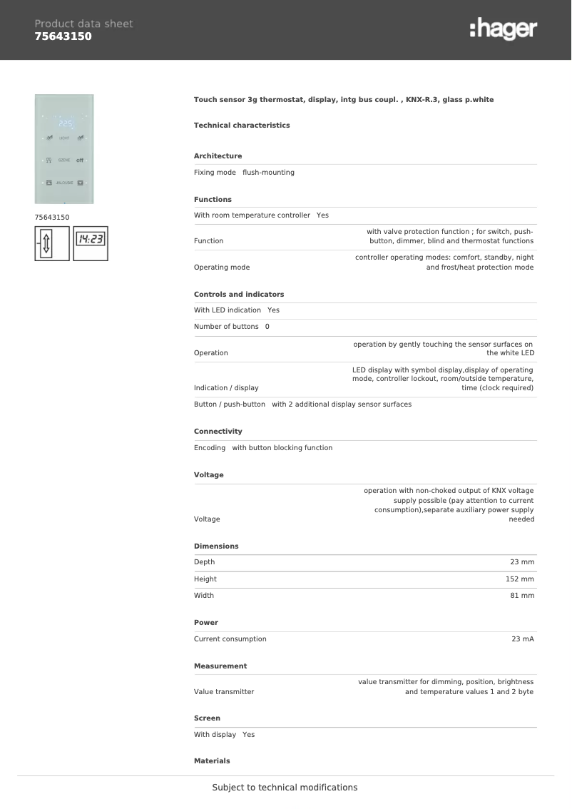 Page n°1 - Fiche technique Hager 75643150