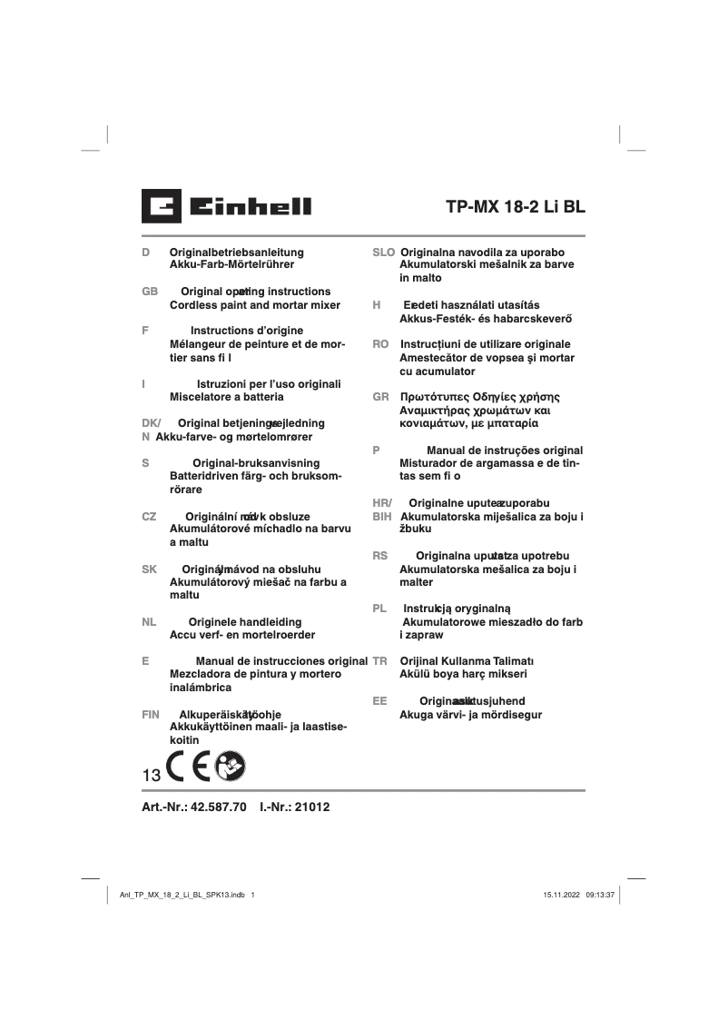 Page 1 de la notice Manuel utilisateur Einhell TP-MX 18-2 Li BL