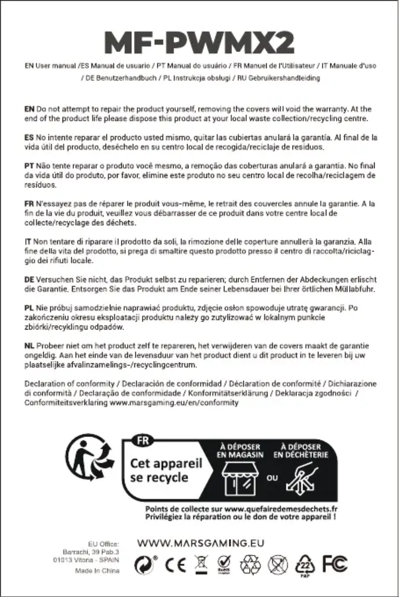 Page 1 de la notice Manuel utilisateur Mars Gaming MF-PWMX2