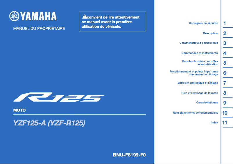 Page 1 de la notice Manuel utilisateur Yamaha YZF-R125 (2023)