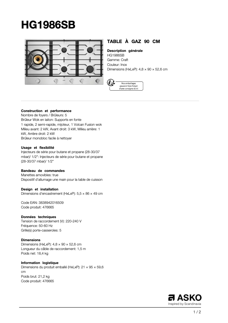 Page n°1 - Fiche technique Asko HG1986SB/S1