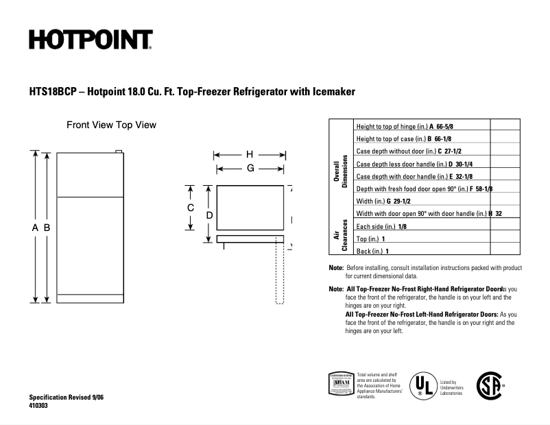 Page 1 de la notice Fiche technique Hotpoint HTS18BCPRWW
